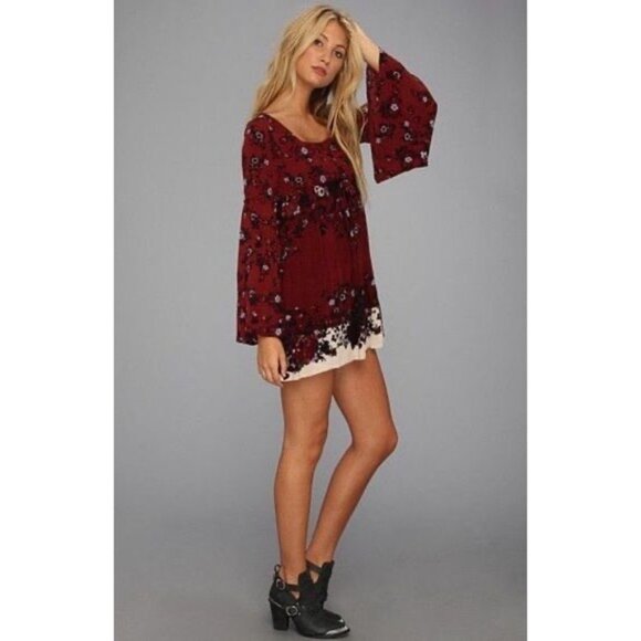 RARE Free People Floral Burgundy Bell Slv Mini Dress | Grunge Fairy Whimsigoth S - Picture 11 of 16